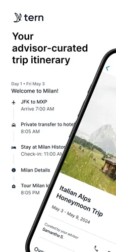Tern for Travelers app showing a day-by-day trip itinerary with flights, transfers, and activities