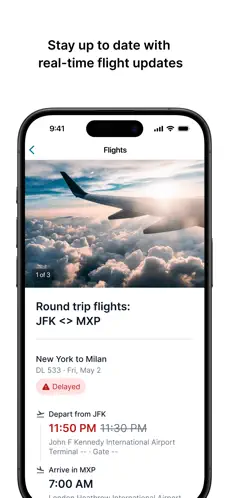 Tern for Travelers app showing real-time flight status with a delay alert for a round trip between New York and Milan