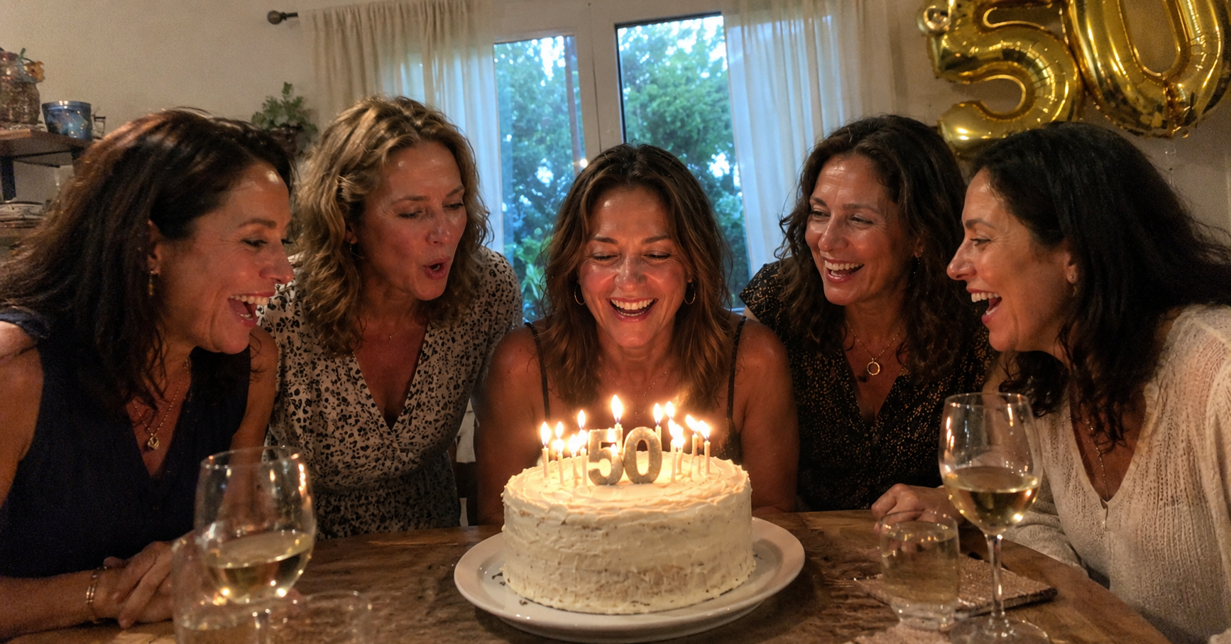 Milestone Birthday. Women celebrating a 50th birthday with cake and candles