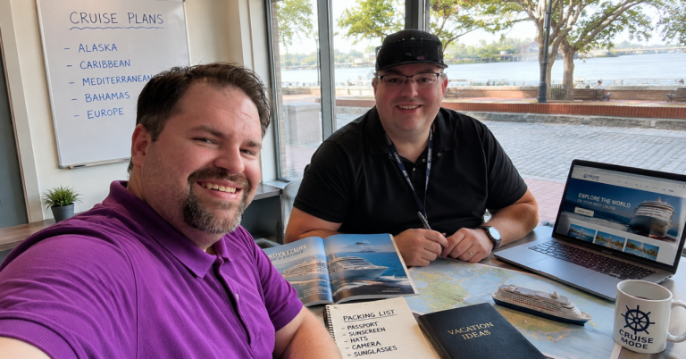 John and Rick of Barefoot Vacation Travel planning a cruise together; plan with us