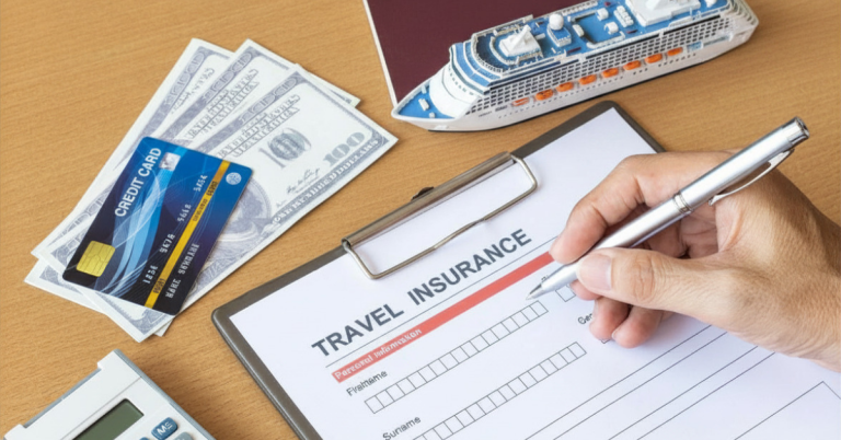 Travel insurance form with cruise ship model and passport on a desk